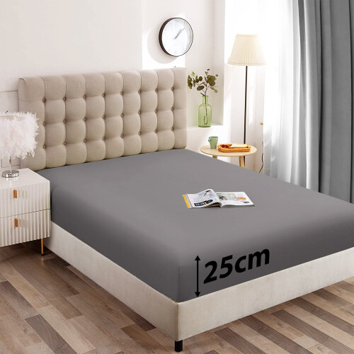 (King: (152 x 200)cm, Grey) 25 CM Bed Sheet Extra Deep Fitted Sheet & Pillowcases Pair
