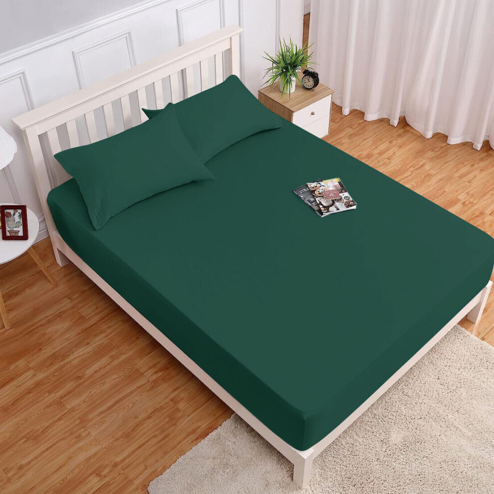 (Super King: (180 x 200)cm, Emerald Green) 25 CM Bed Sheet Extra Deep Fitted Sheet & Pillowcases Pair