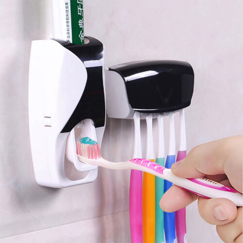 2X Auto Automatic Toothpaste Dispenser+5 Toothbrush Holder Set Wall Mount Stand 2