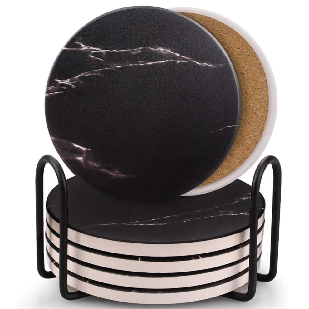 Coasters for Drinks, Ceramic Stone Coaster Set with Metal Holder Stand, Cork Base, Marble Surface Pattern 6 Black