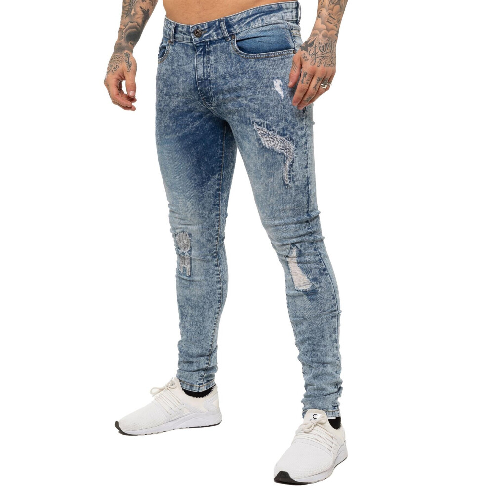 (28W/32L, Light Blue) Enzo Mens Skinny Stretch Ripped Distressed Jeans