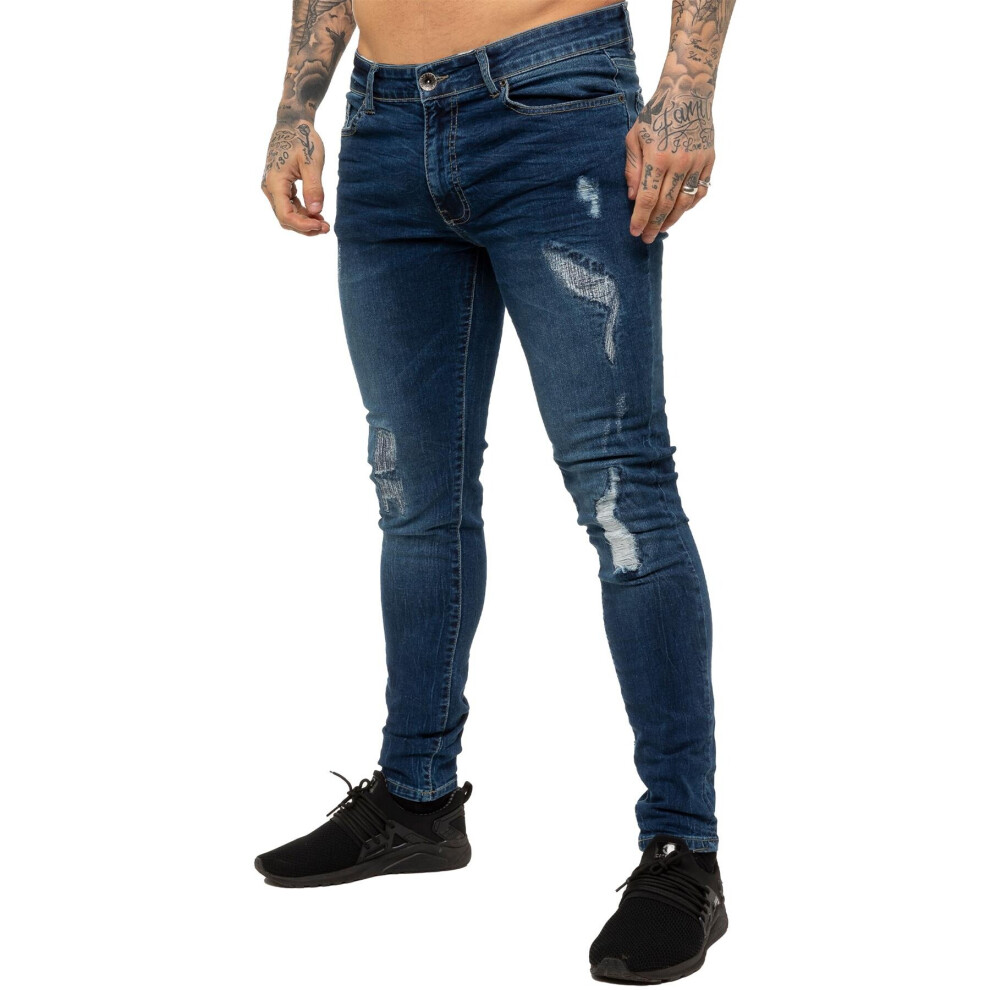 (34W/30L, Blue) Enzo Mens Skinny Stretch Ripped Distressed Jeans