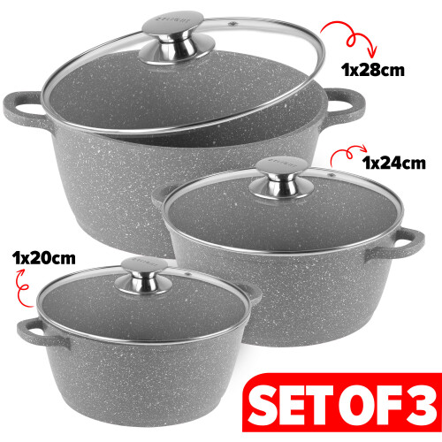 (Grey) Casserole Dishes Pot with lid Induction Hob Pan Set Non Stick