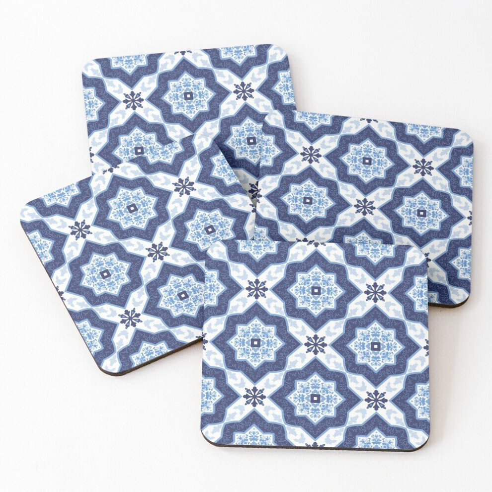 Leather Coasters Mediterranean ceramic tile ~ Andalusia porcelain ~ Moroccan tile ~ Portuguese patchwork ~ White blue stars Set of 4 / 4 x 4 inch-image-OPC-PCGVNNM-NEW