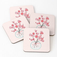 Leather Coasters Glass Sakura Bouquet  Set of 4 / 4 x 4 inch