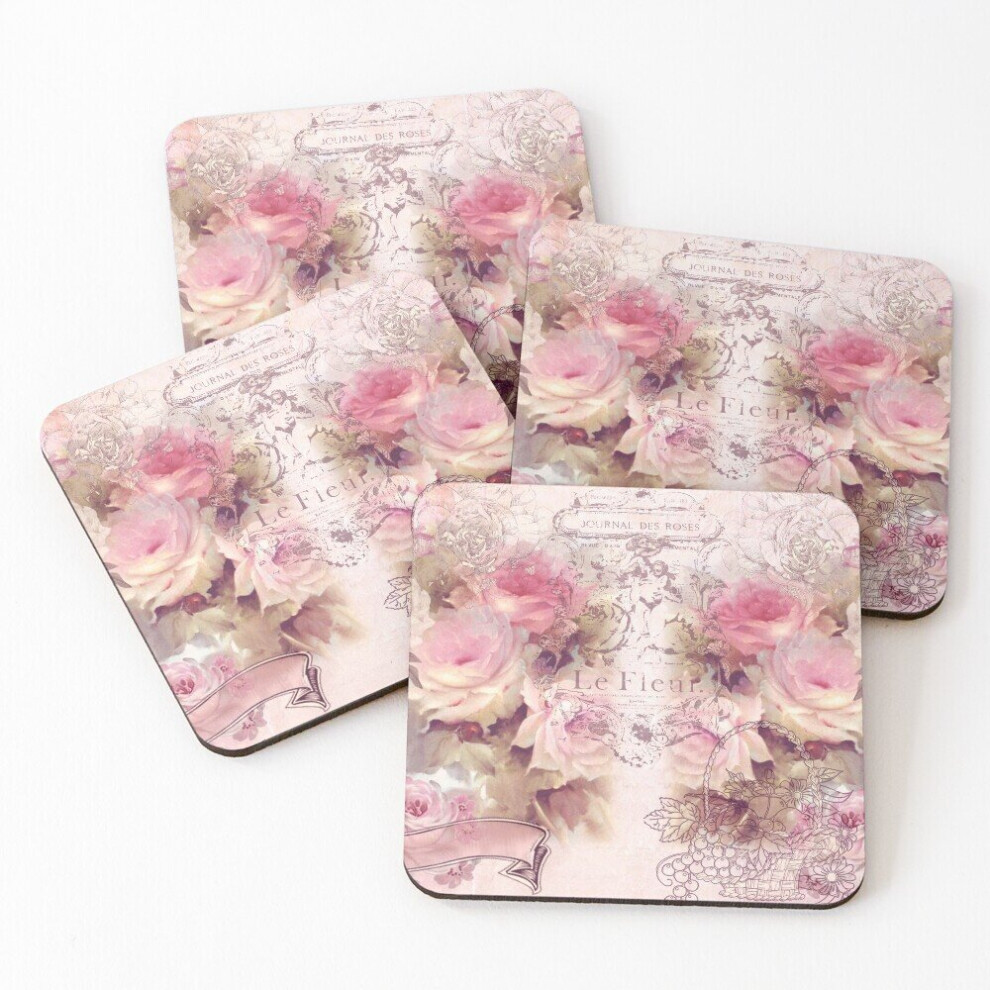 Leather Coasters Vintage Shabby Chic Flowers Artwork Set of 4 / 4 x 4 inch