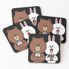 Leather Coasters Cute brown bear cony bunny rabbit lovers Set of 4 / 4 x 4 inch