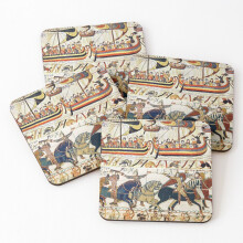 Leather Coasters THE BAYEUX TAPESTRY ,BATTLE OF HASTINGS ,NORMAN KNIGHTS HORSEBACK, ARCHERS AND VIKING SHIPS Set of 4 / 4 x 4 inch