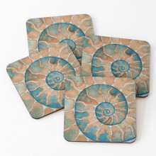 Leather Coasters Ammonite fossil watercolor painting Set of 4 / 4 x 4 inch