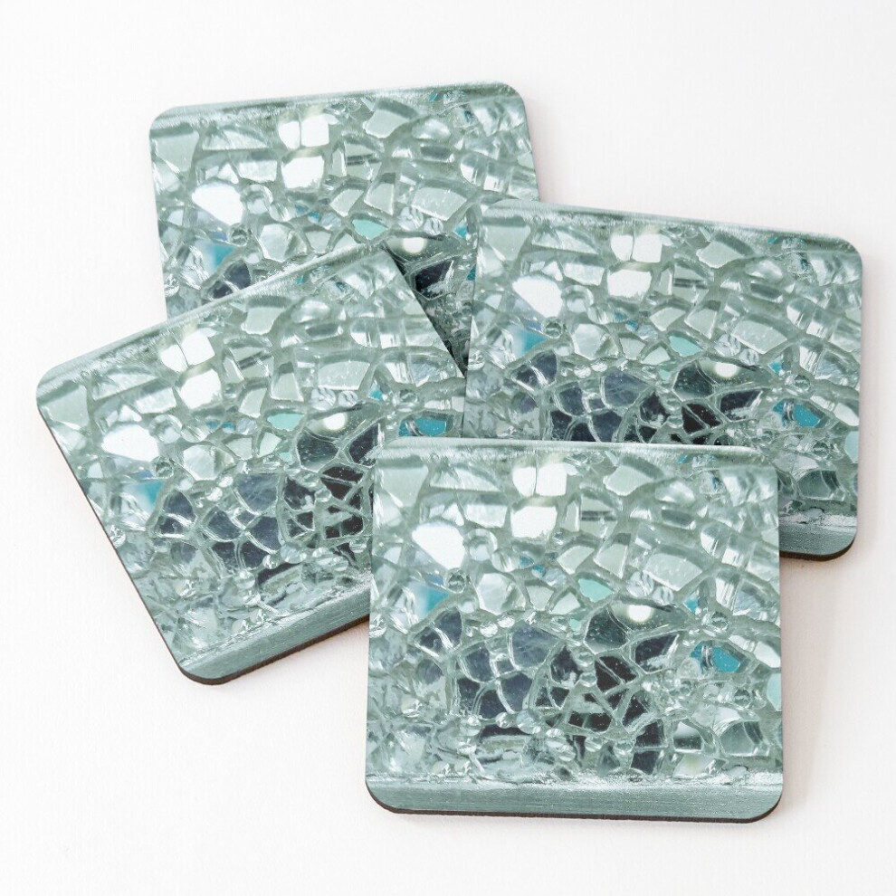 Leather Coasters Icy Blue Mirror and Glass Mosaic Set of 4 / 4 x 4 inch