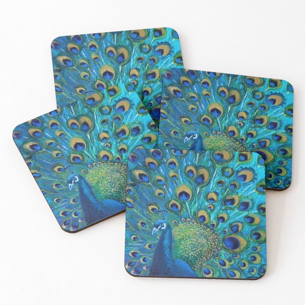 Leather Coasters Peacock Full Glory 2 Set of 4 / 4 x 4 inch