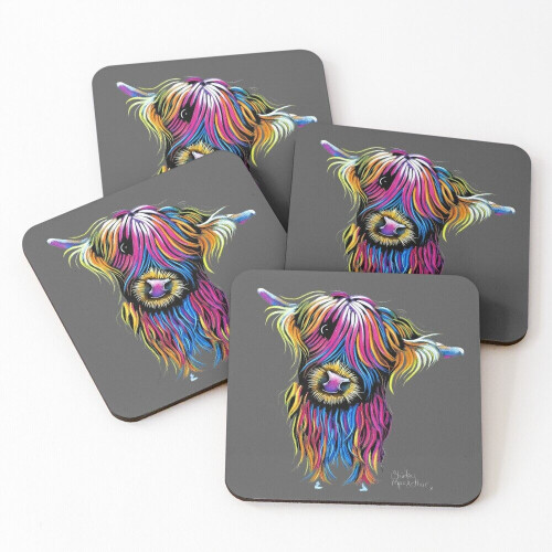 Leather Coasters CoW PRiNT SCoTTiSH HiGHLaND ' MaRVeLouS MaBeL oN GReY ' Set of 4 / 4 x 4 inch