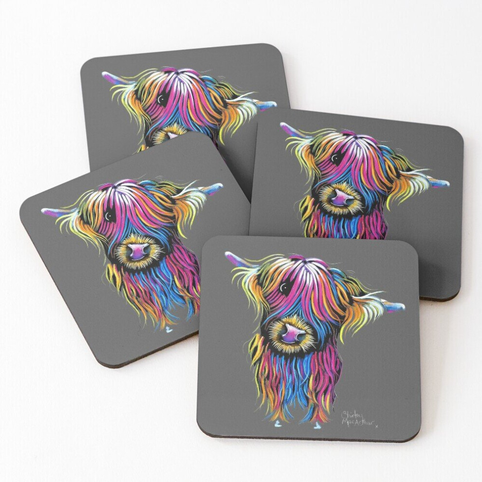 Whibos Leather Coasters Cow Print Scottish Highland ' Marvelous Mabel On ' Set Of 4 / 4 X 4 Inch Grey
