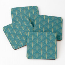 Leather Coasters Art Deco Golden Floral Fans And Turquoise Green Set of 4 / 4 x 4 inch