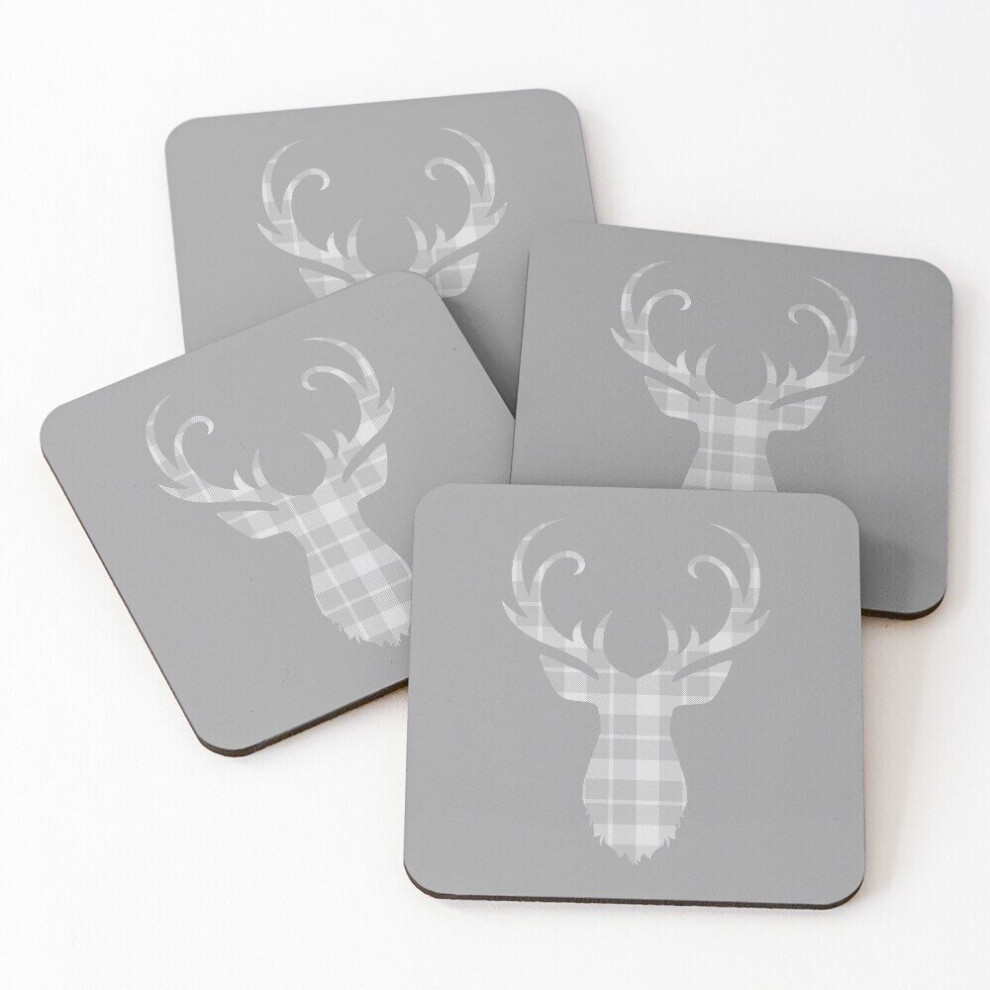 Leather Coasters Grey Tartan Stag Head Set of 4 / 4 x 4 inch