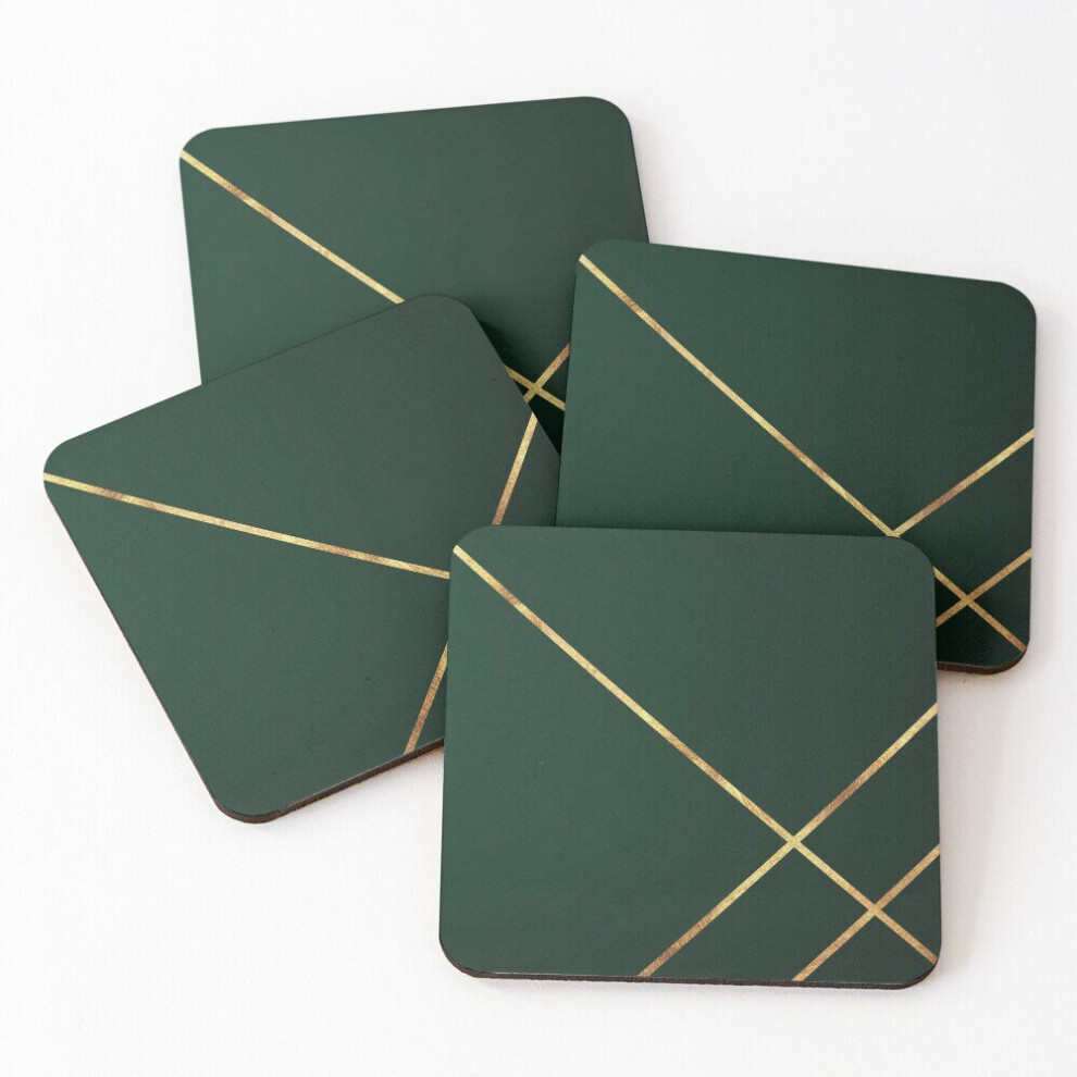 Leather Coasters Minimalist Dark Green and Gold Lines Set of 4 / 4 x 4 inch