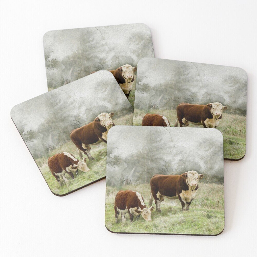 Leather Coasters Hereford Bull and Cow Watercolour Photograph Set of 4 / 4 x 4 inch