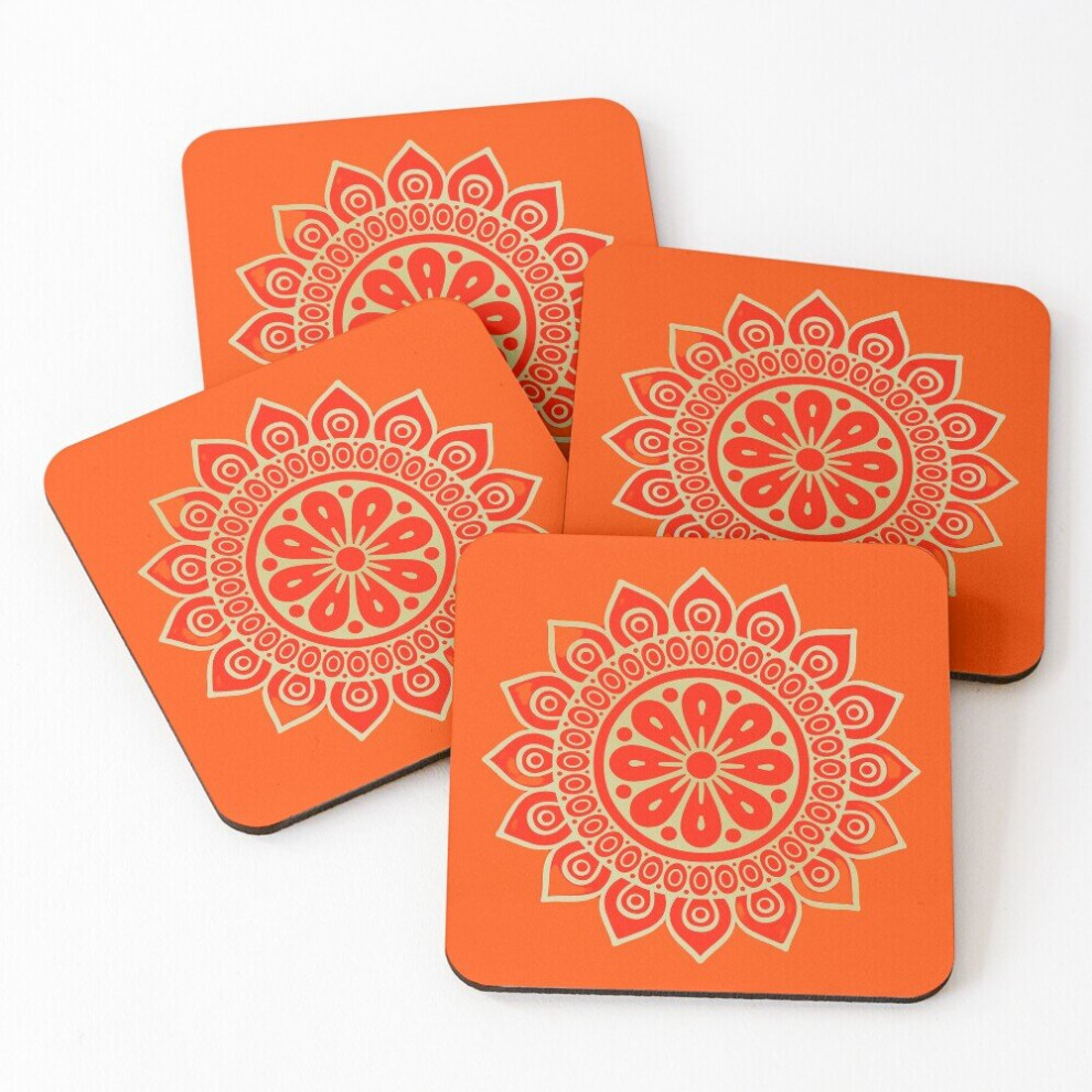 Leather Coasters Mandala orange Set of 4 / 4 x 4 inch