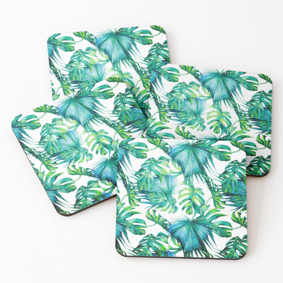 Leather Coasters Blue Jungle Leaves, Monstera, Palm Set of 4 / 4 x 4 inch-image-OPC-PCGVVYX-NEW