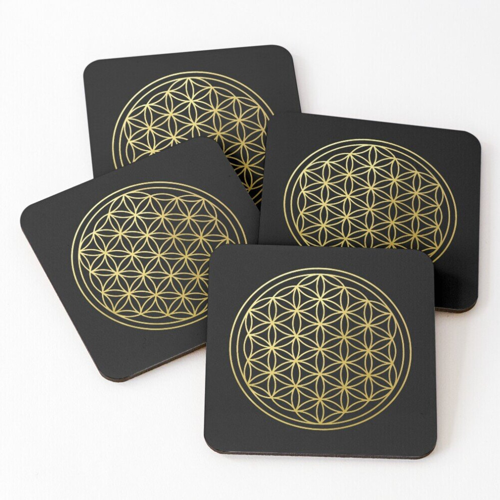 Leather Coasters The Flower Of Life gold mandala sacred geometry spiritual protection symbol Set of 4 / 4 x 4 inch-image-OPC-PCGVW6Z-NEW