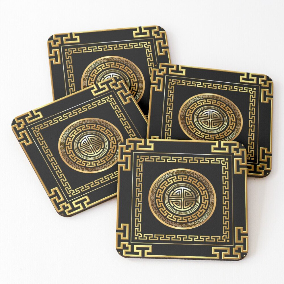 Leather Coasters Greek Key Meander Black Gold Large Set of 4 / 4 x 4 inch