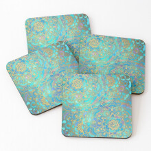 Leather Coasters Sapphire Jade Stained Glass Mandalas Set of 4 / 4 x 4 inch
