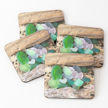Leather Coasters Seaglass and Driftwood with Heart Shaped Sea Glass Set of 4 / 4 x 4 inch