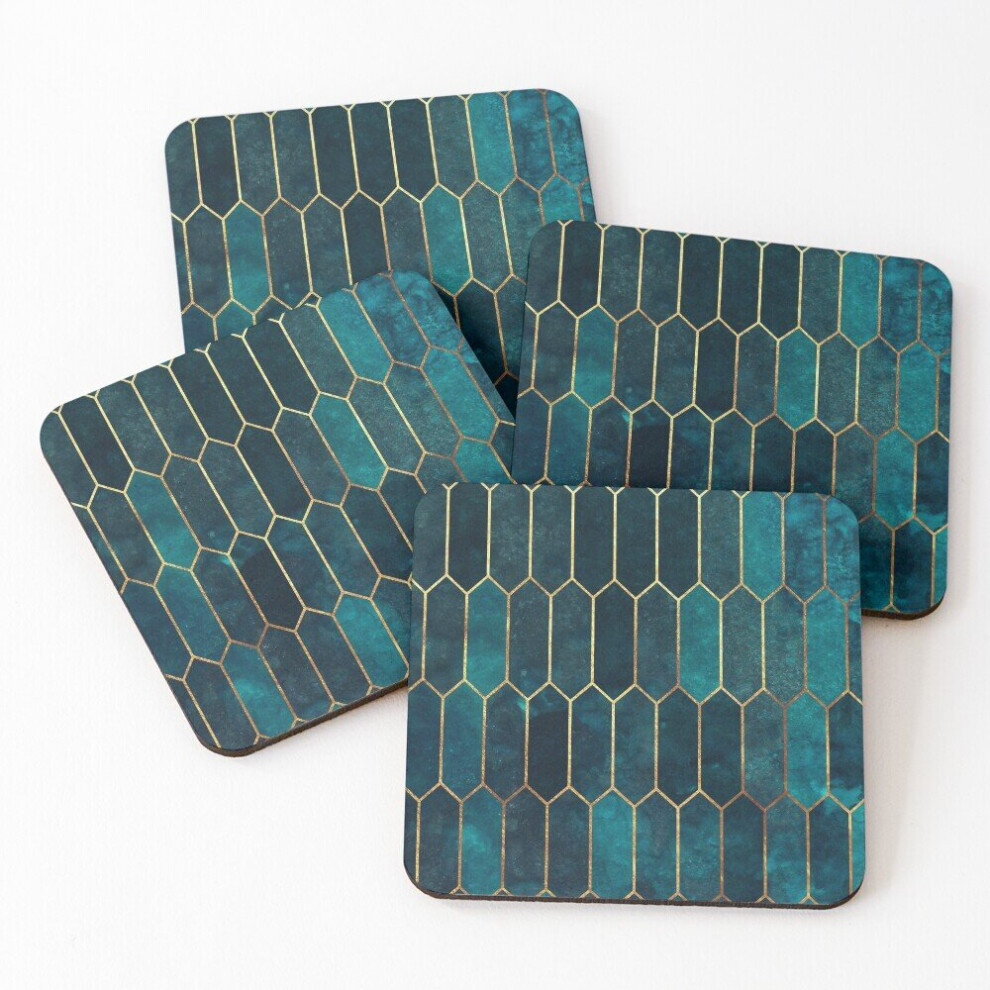 Leather Coasters Deep Teal and Blue Gold Pattern Set of 4 / 4 x 4 inch