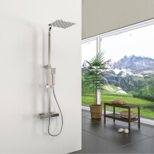 AICA 200x200mm Thermostatic Square Shower Mixer - Safety Lock 38C, Dual Controls, Solid Brass & Chrome, 8in Overhead + Hand Shower