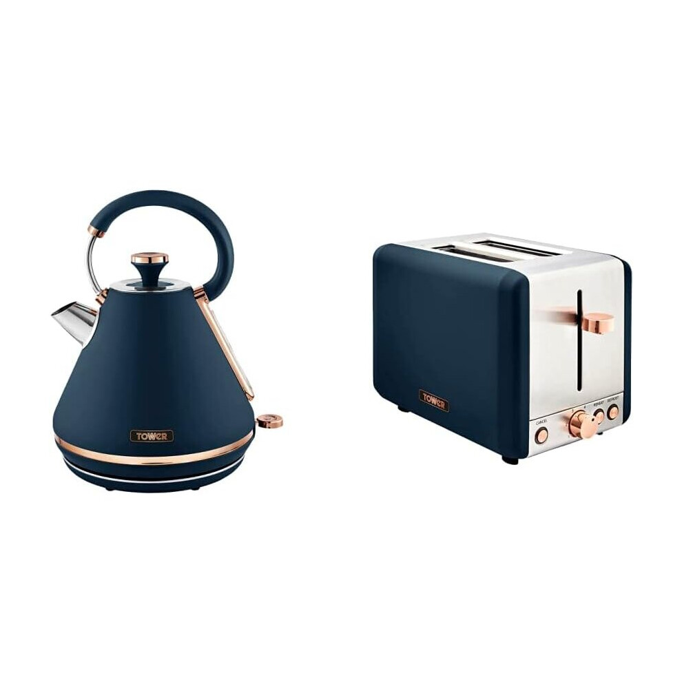 Tower T10044MNB Cavaletto Pyramid Kettle with Fast Boil, Detachable Filter, 1.7 Litre & T20036MNB Cavaletto 2-Slice Toaster with Defrost/Reheat, S