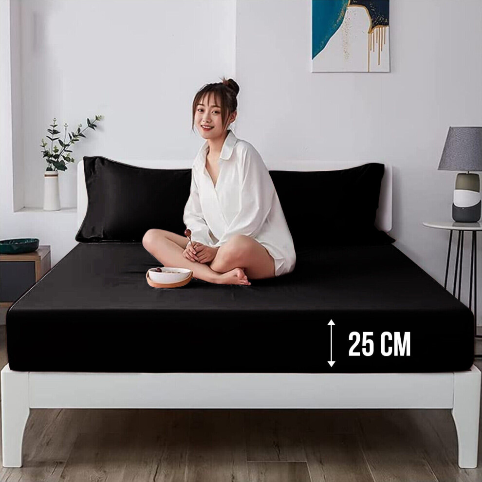 (Black, Double (137 x 190 cm)) Extra Deep 25cm Fitted Sheet Elastic Bed Sheets for Mattress Single Double King Size
