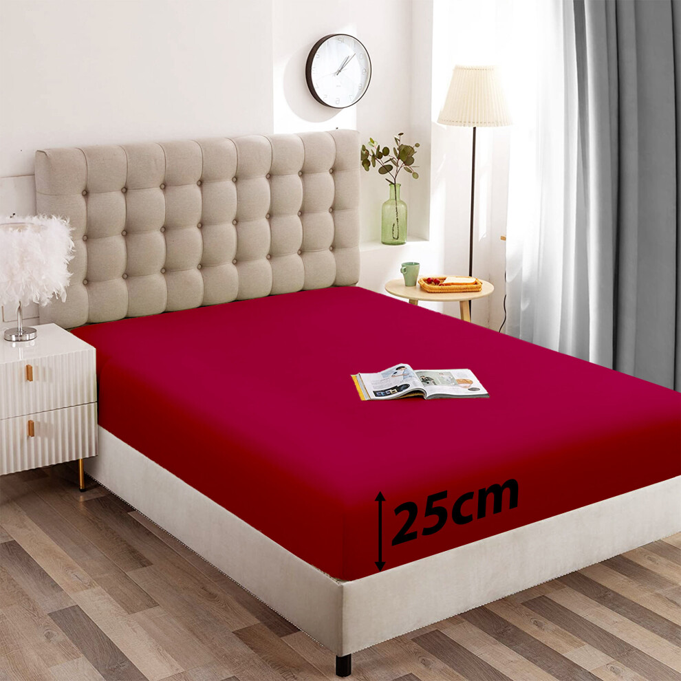 (Red, Double (137 x 190 cm)) Extra Deep 25cm Fitted Sheet Elastic Bed Sheets for Mattress Single Double King Size