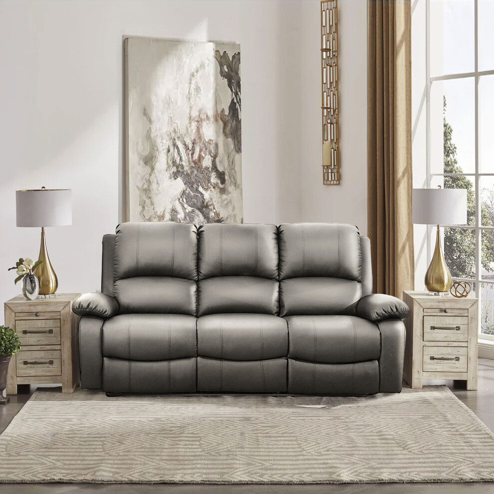 (Light Grey, 3 Seat Only) Reclining Luxury Leather Sofa Set In Choice of colours- 3 Piece, 2 Piece, Armchair