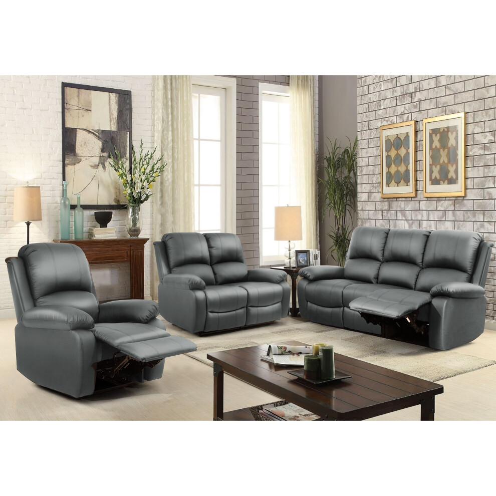 (Dark Grey, 3+2+1 Set) Reclining Luxury Leather Sofa Set In Choice of colours- 3 Piece, 2 Piece, Armchair