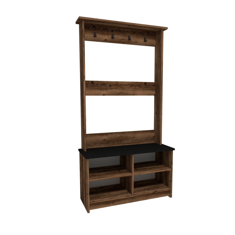 Hall Stand, Hall Tree Coat Rac With Shelves Amelia - Light Walnut - Black