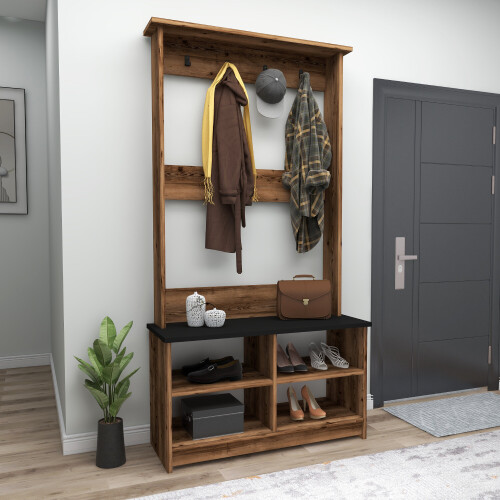 ( Light Walnut - Black) Amelia Hallway Coat Rack with Shelves 2