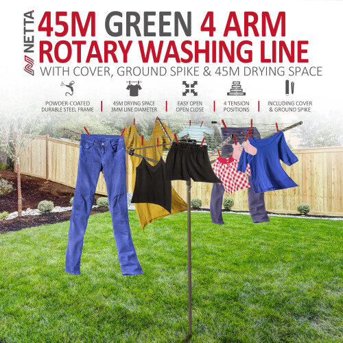 NETTA (Green) NETTA Rotary Washing Line, 4 Arm - 45M 1