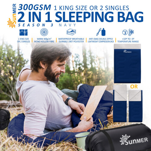 SUNMER Double Sleeping Bag - King Size - Converts into 2 Sleeping Bags 1