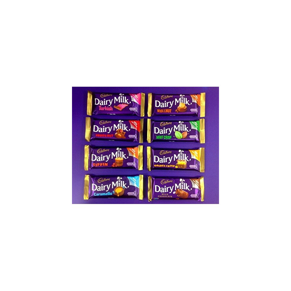 Irish Cadbury Dairy Milk Chocolate 8 Pack - Dairy Milk, Tiffin, Turkish Delight, Mint Crisp ,Golden Crisp, Fruit & Nut, Wholenut Bar and Caramello