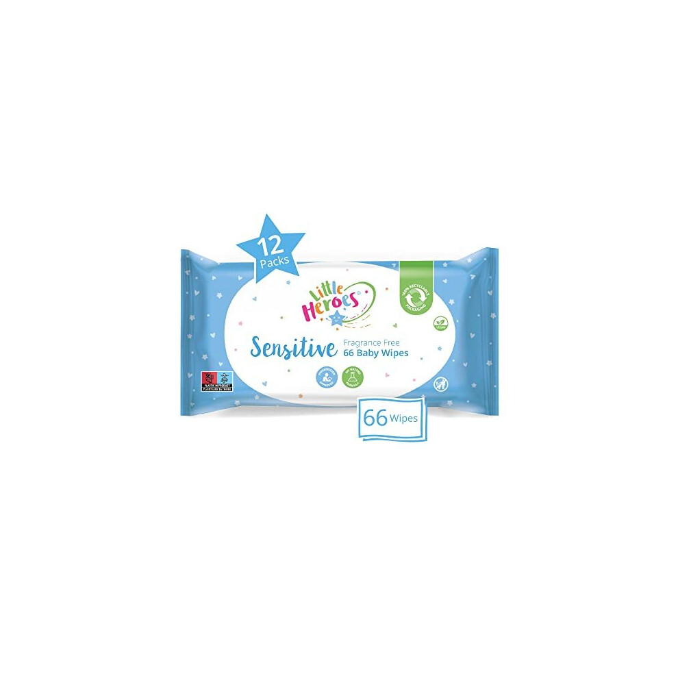Sensitive Baby Wipes, Fragrance Free (12 Packs X 66 Wipes Totaling 792 Wipes) Little Heroes