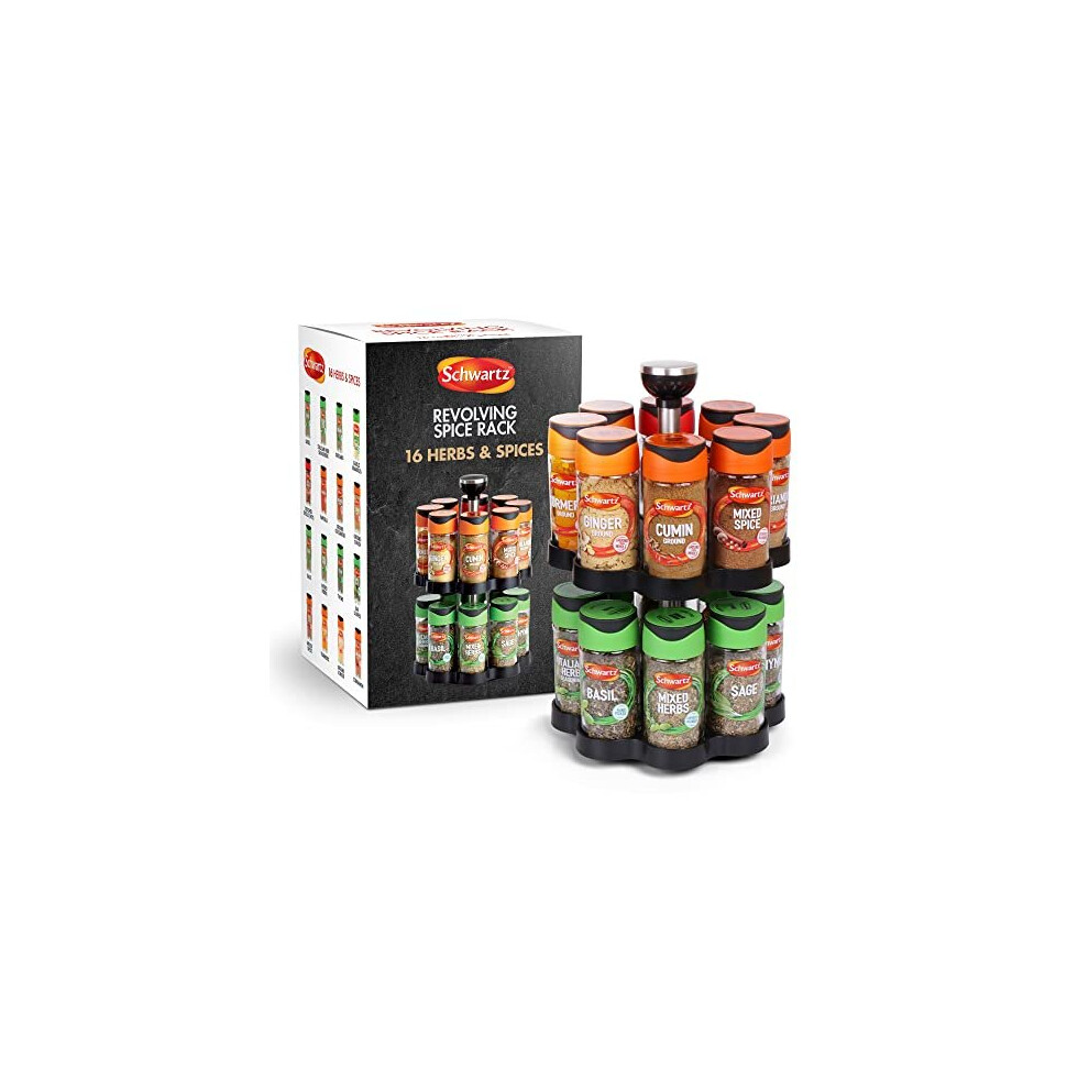Schwartz Rotating Spice Rack, Space Saving, Includes 16 Herbs And Spices Jars For Your Favourite Dishes, 373 G 18Cm (W) X 26Cm (H), Engraved