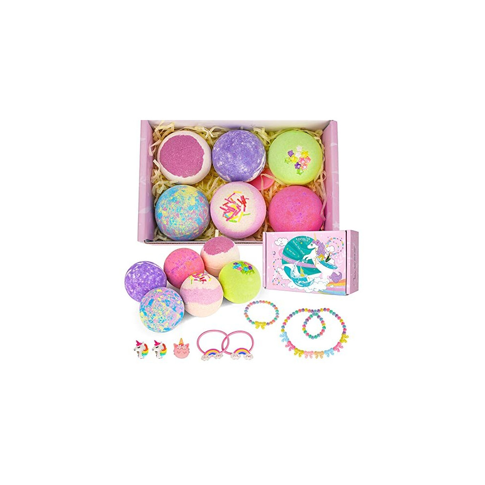 Canvalite Natural Bath Bombs for Kids with Surprise Toy Jewelry Inside 6PCS Handmade Bubble Bath Bomb Gift Set, Birthday Easter Christmas Girls Gifts