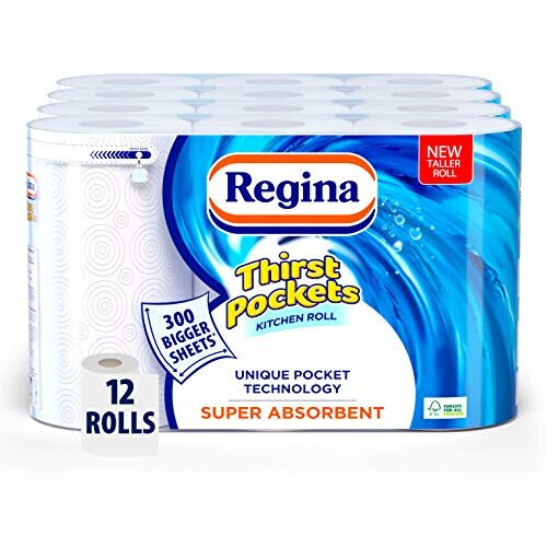 Regina Thirst Pockets Kitchen Roll, 12 Rolls, 1,200 Super Absorbent Sheets, Unique Pocket Technology, Your Ideal Kitchen Companion,FSC Certified