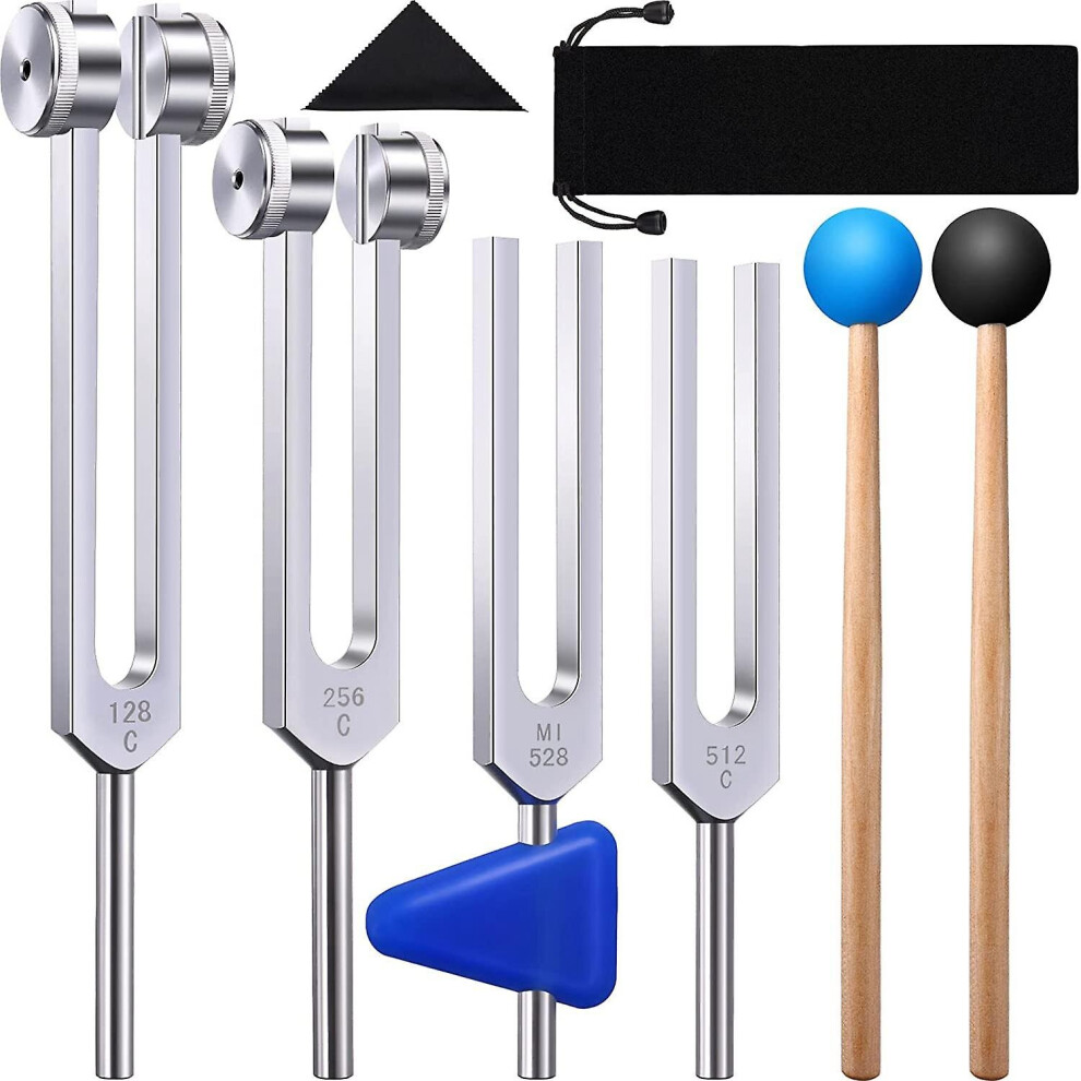 4 Pack Tuning Fork Set(128 Hz,256 Hz,512 Hz,528 Hz)with Tuning Fork Hammer For Sound Sound Vibratio