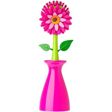 Pink Dish Brush With Vase, 10-inches, Pink