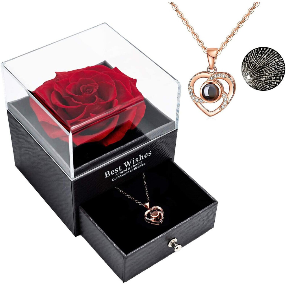 Preserved Real Rose With Love You Necklace Gift Set(Wine Rose) Red