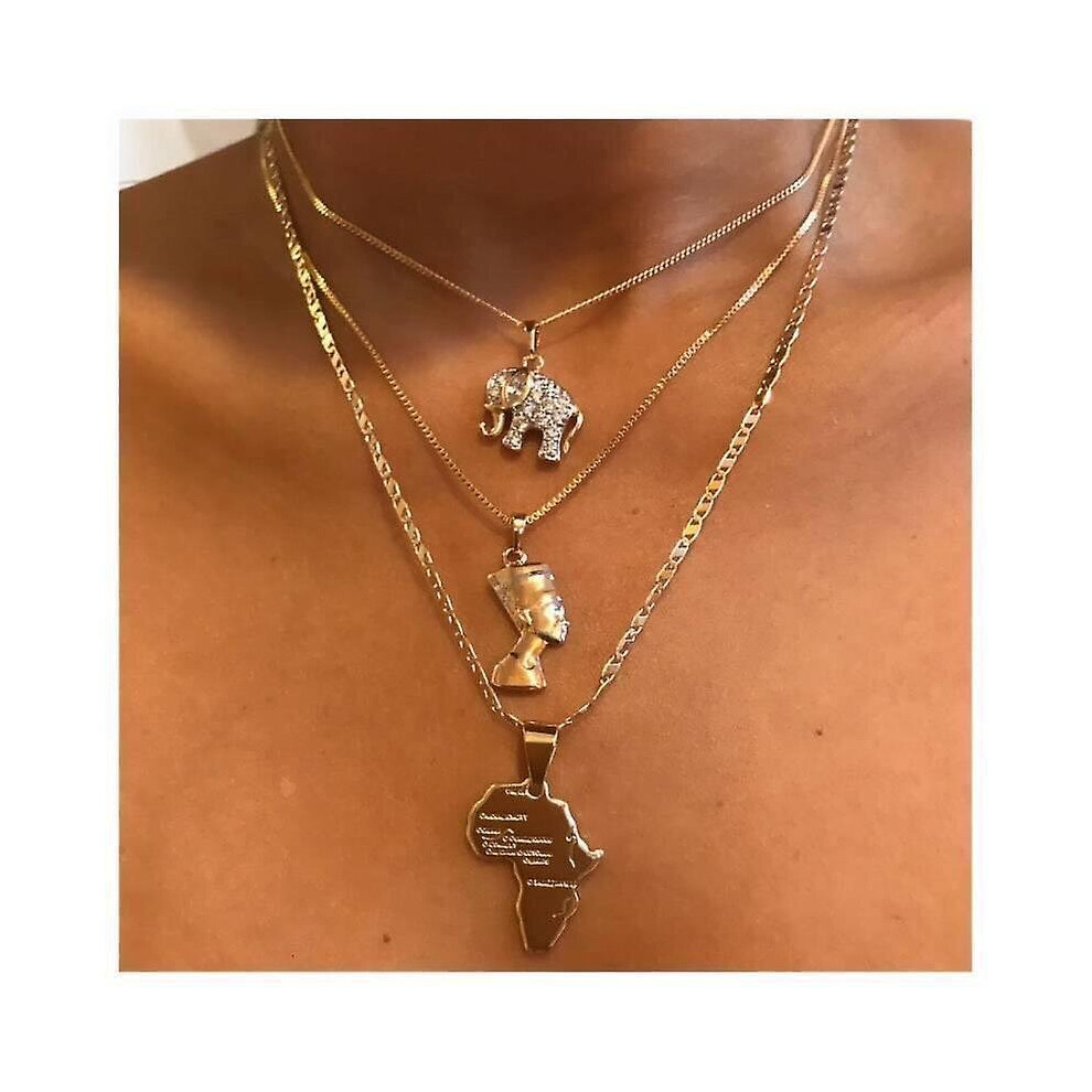 Africa Map Choker Necklace Crystal Elephant Layered Pendant Necklace Chains Gold Gothic Egyptian Queen Beach Adjustable Jewelry Dainty Accessory For W