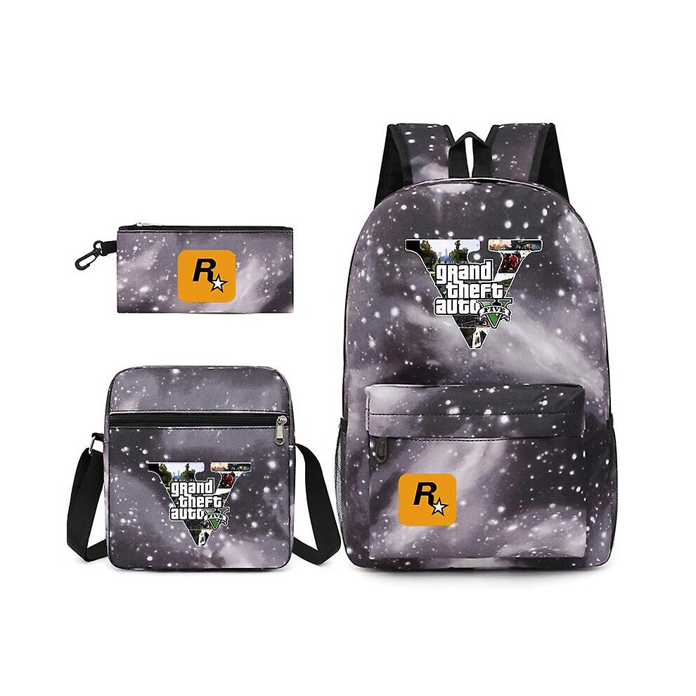 (Star Grey) 3pcs Gta5 Grand Theft Auto Student Schoolbag Backpack Small Shoulder Bag Pen Bag