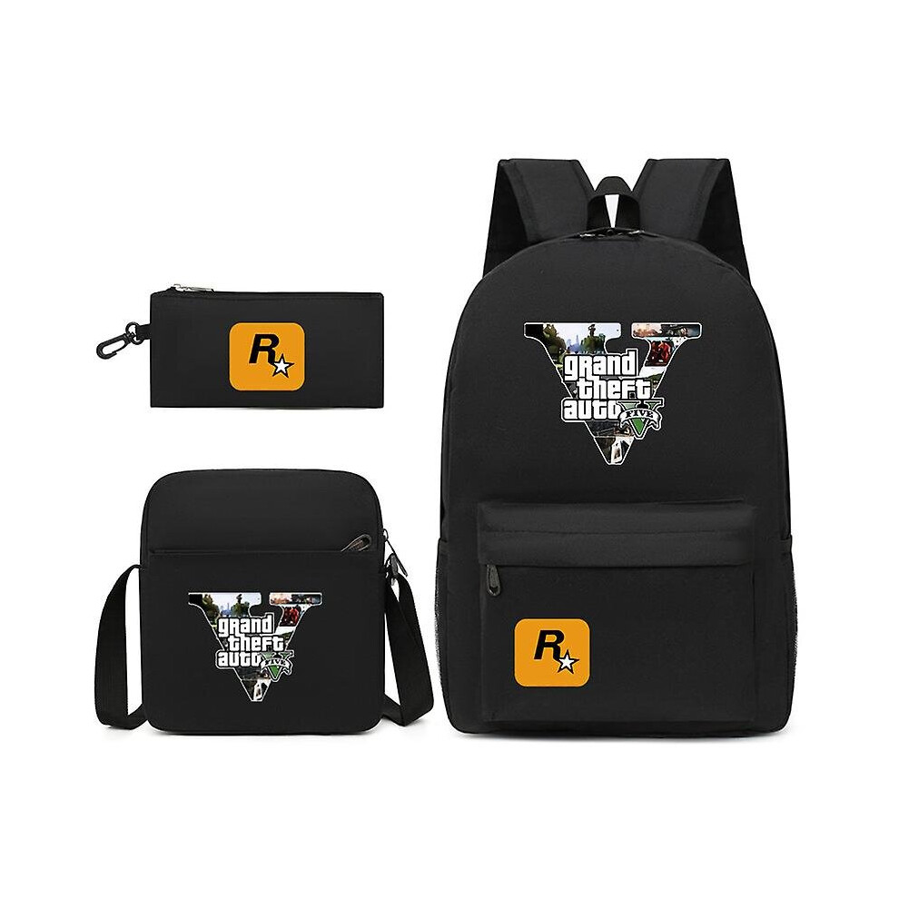 (Black) 3pcs Gta5 Grand Theft Auto Student Schoolbag Backpack Small Shoulder Bag Pen Bag