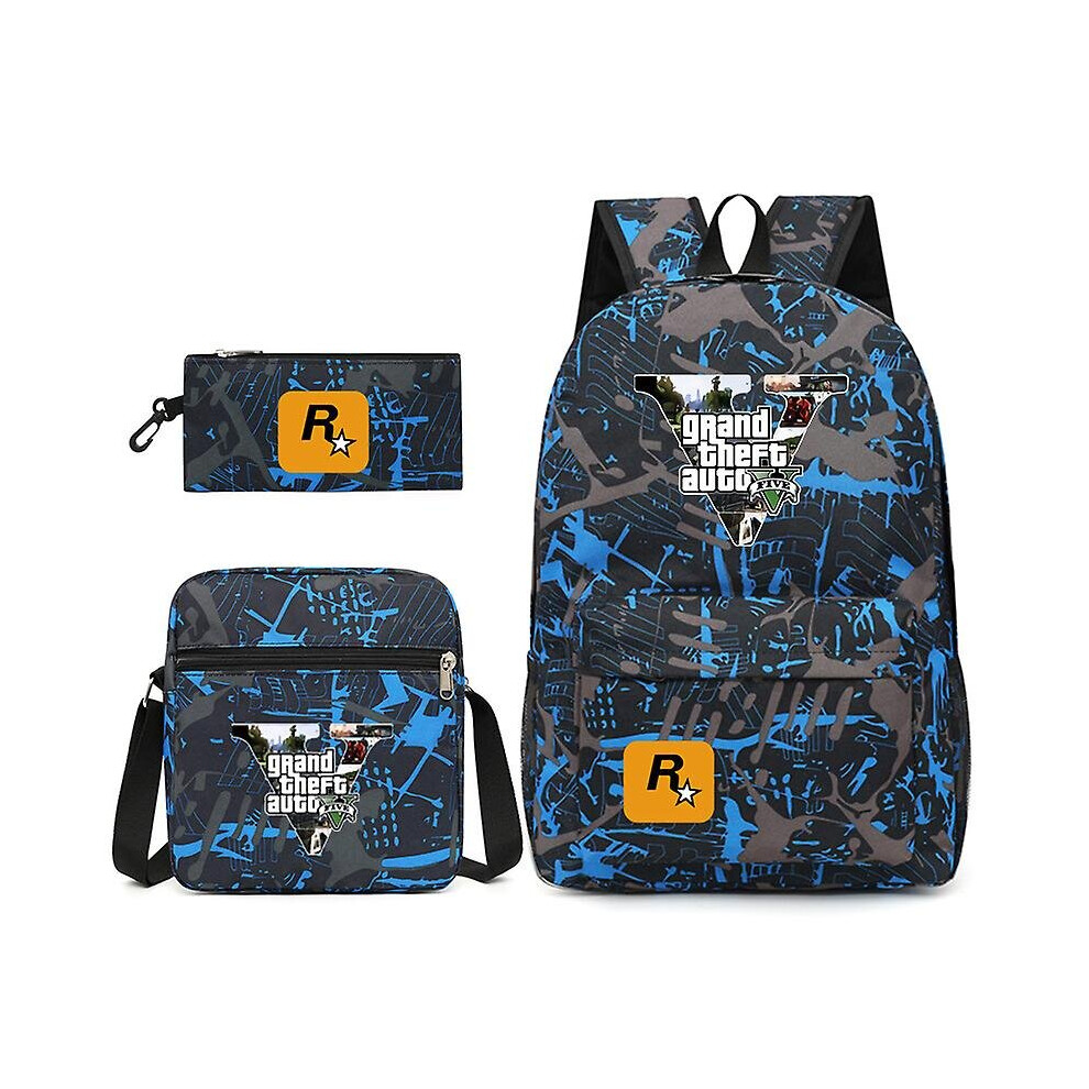 (Blue) 3pcs Gta5 Grand Theft Auto Student Schoolbag Backpack Small Shoulder Bag Pen Bag